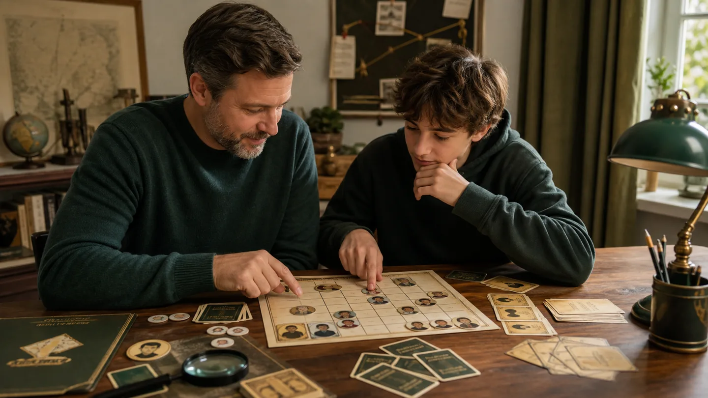 Adulto y adolescente resolviendo un juego de lógica